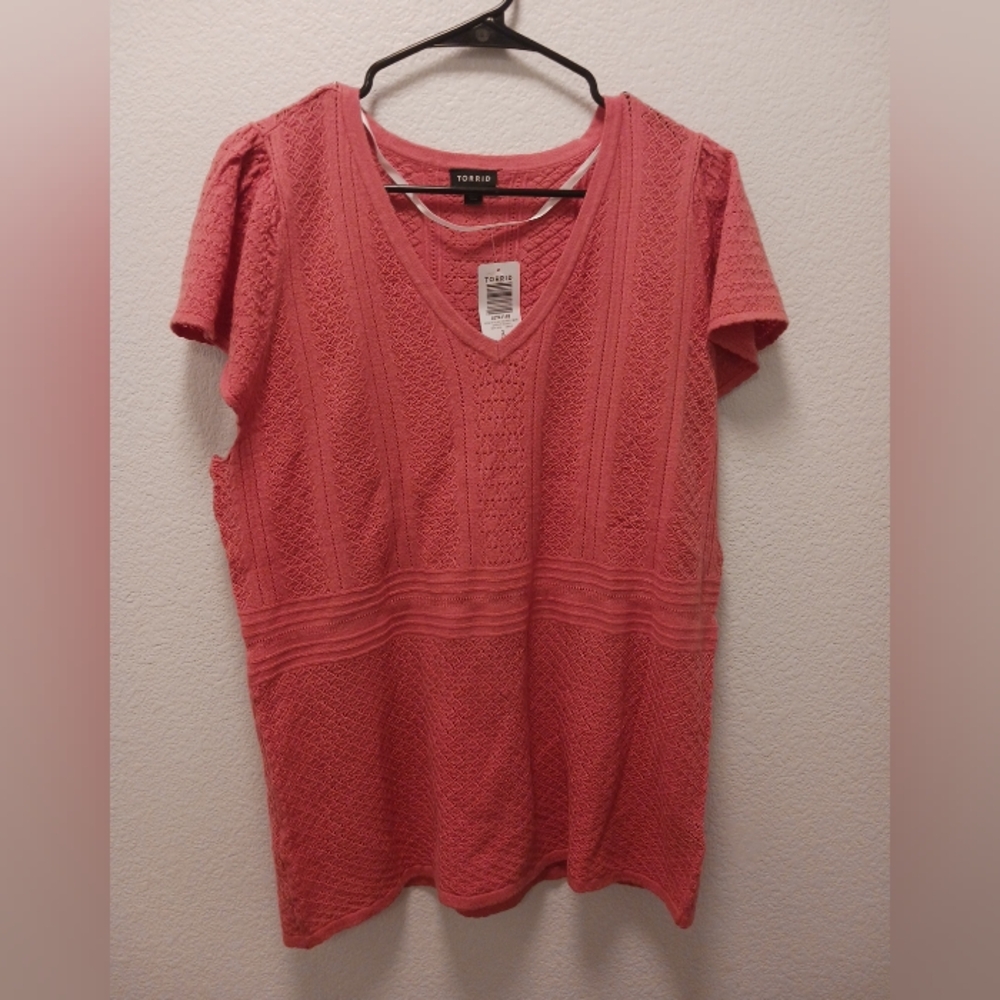 Torrid Everyday Pointelle Pull Over V-Neck Sweater Size 2X 18/20 Aprocot Brandy